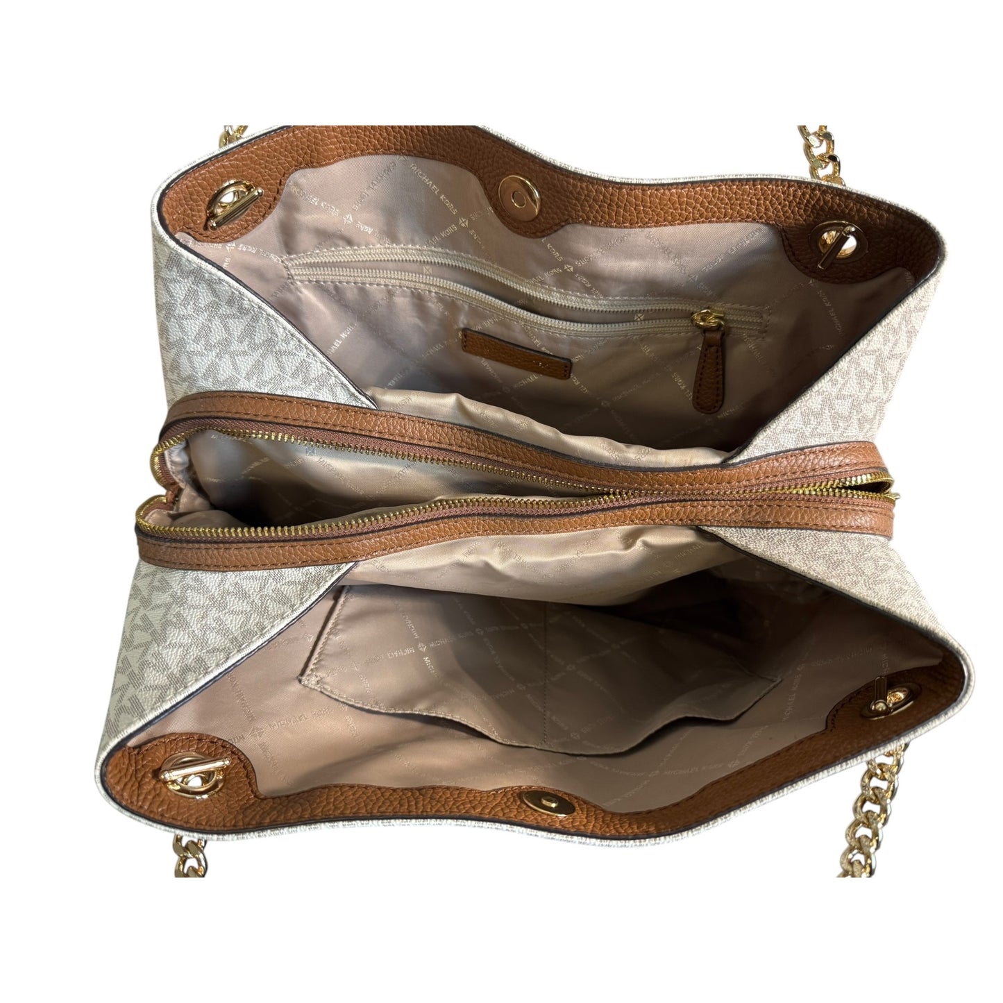 Michael Kors White Monogram Canvas Chain Tote Bag With Gold Accents