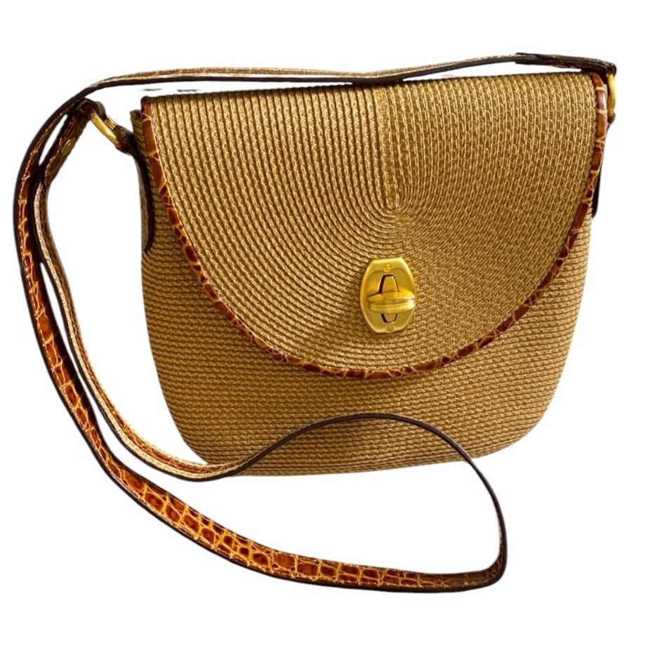 Eric Javits Tan Woven Handbag With Faux Croc Trim And Shoulder Strap