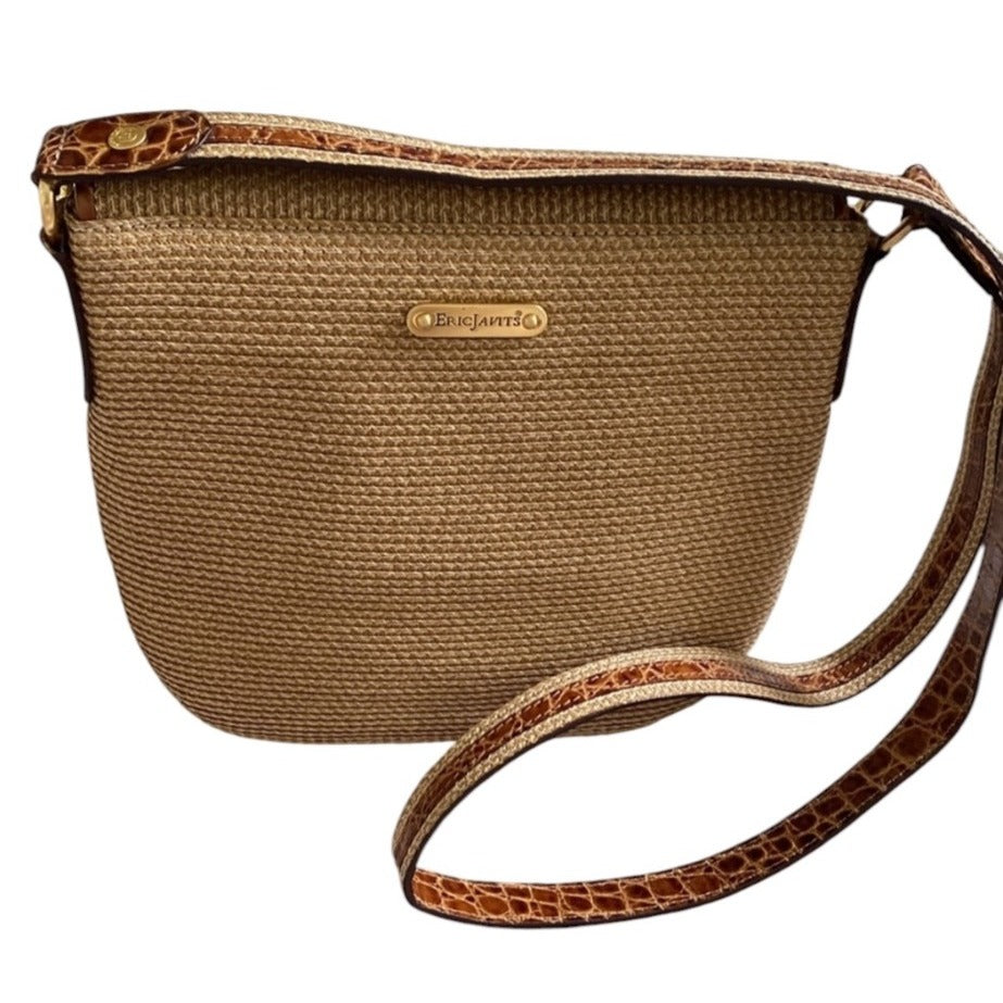 Eric Javits Tan Woven Handbag With Faux Croc Trim And Shoulder Strap