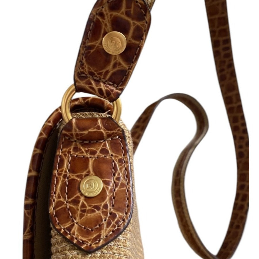 Eric Javits Tan Woven Handbag With Faux Croc Trim And Shoulder Strap