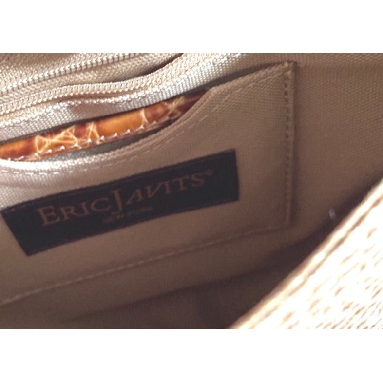 Eric Javits Tan Woven Handbag With Faux Croc Trim And Shoulder Strap