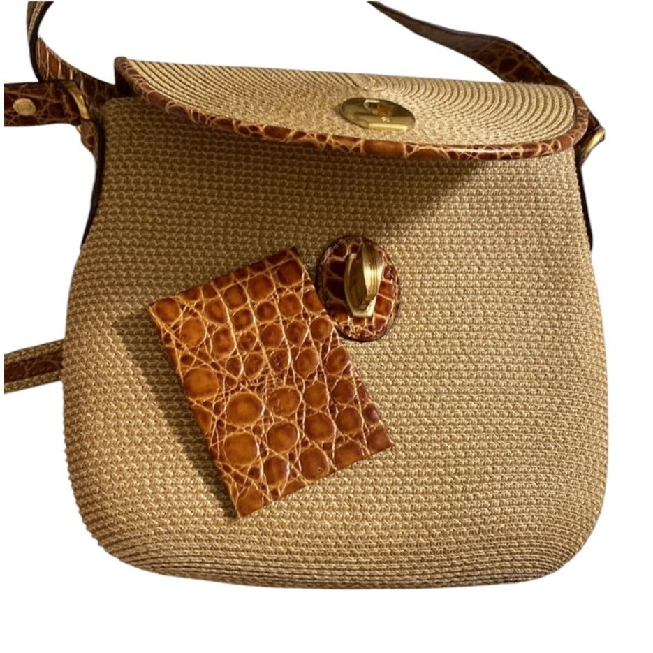 Eric Javits Tan Woven Handbag With Faux Croc Trim And Shoulder Strap