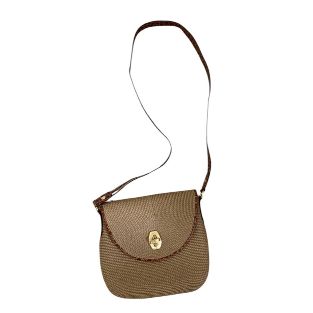 Eric Javits Tan Woven Handbag With Faux Croc Trim And Shoulder Strap
