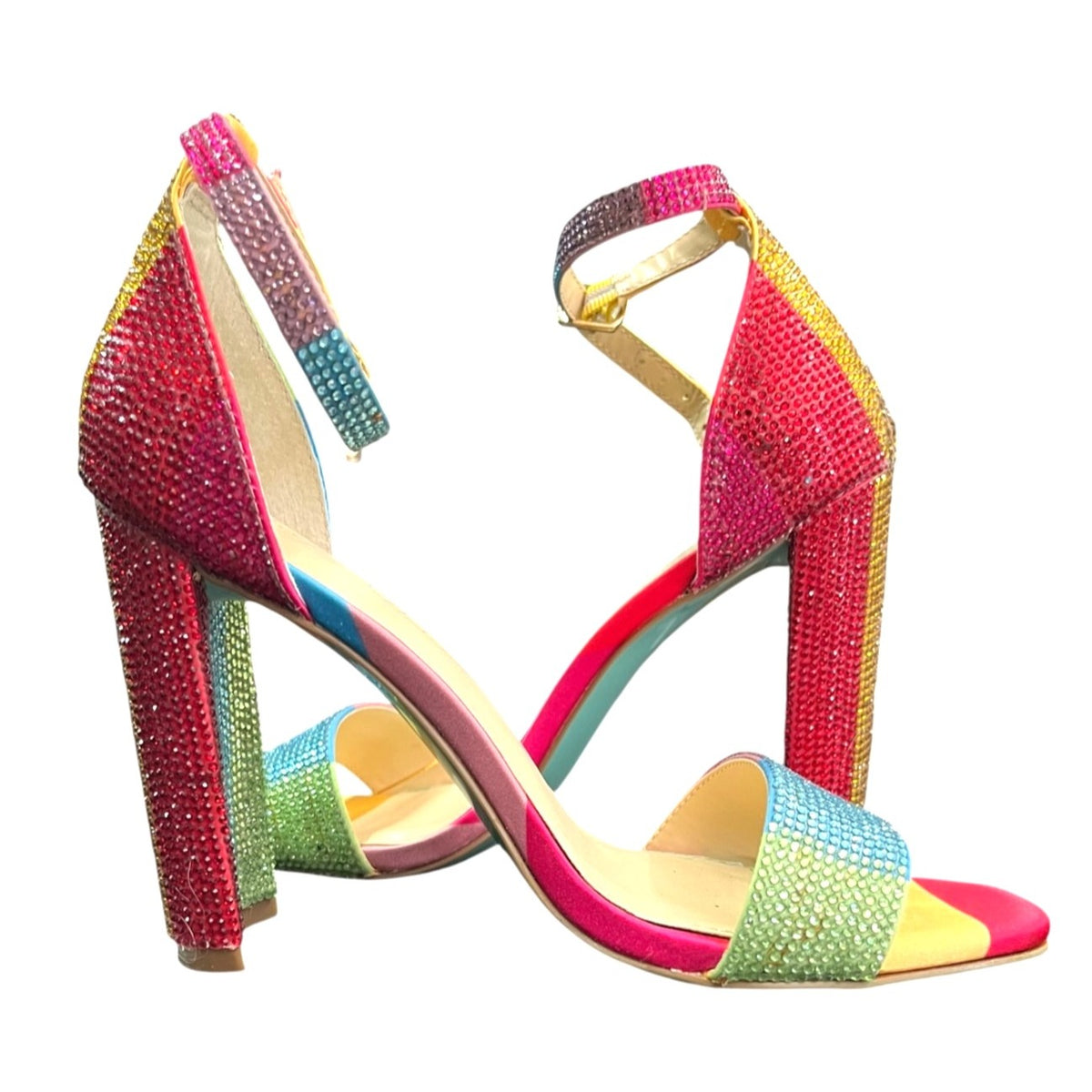 Betsey Johnson SB-Rina Multicolor Rhinestone Block Heel Sandals Size 6.5