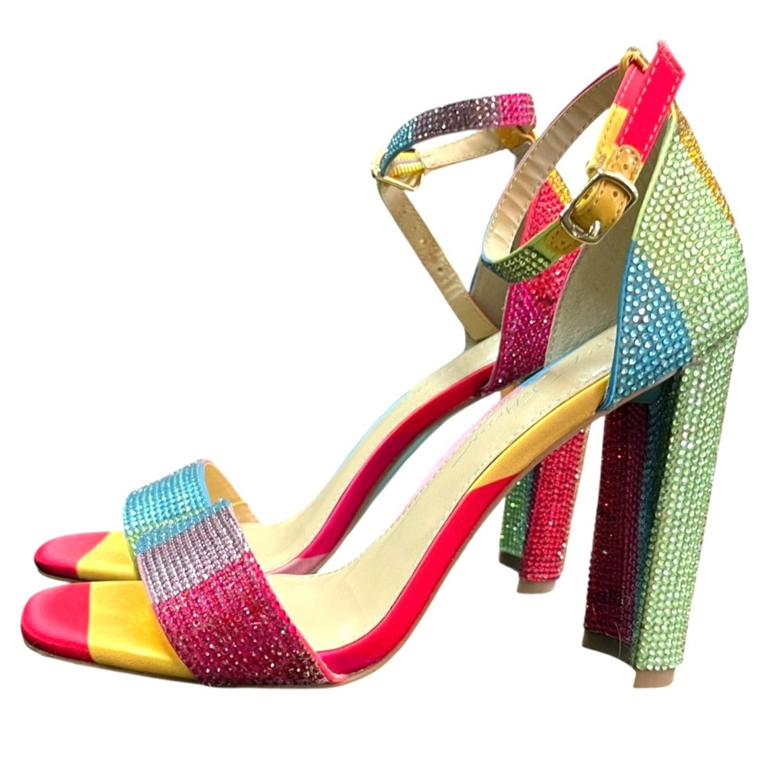 Betsey Johnson SB-Rina Multicolor Rhinestone Block Heel Sandals Size 6.5