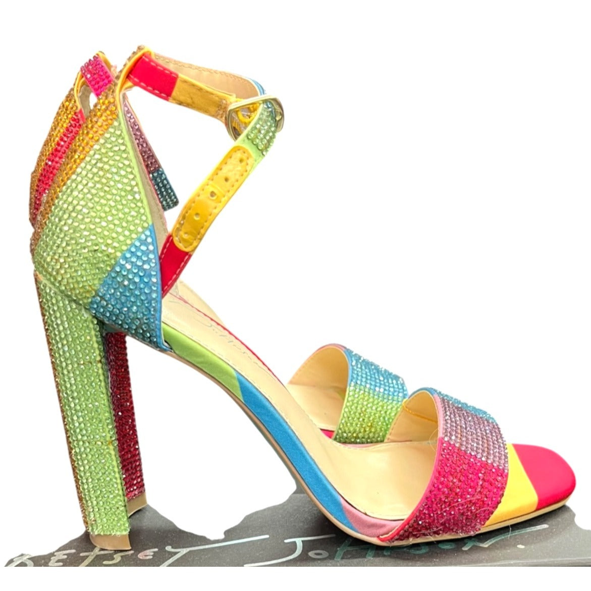 Betsey Johnson SB-Rina Multicolor Rhinestone Block Heel Sandals Size 6.5
