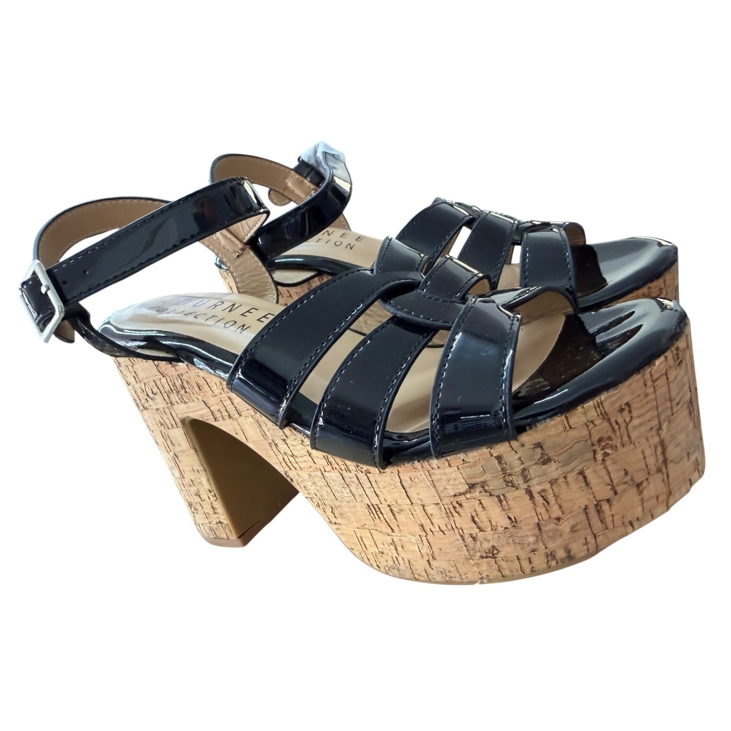 Journee Collection Black Patent Leather Platform Cork Heel Sandals Size 6 NWB