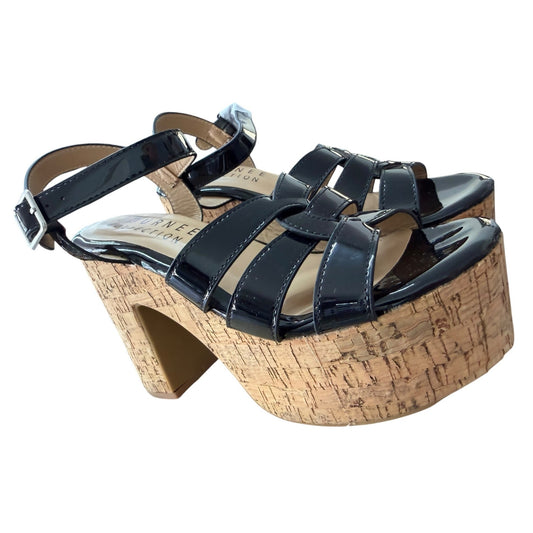 Journee Collection Black Patent Leather Platform Cork Heel Sandals Size 6 NWB