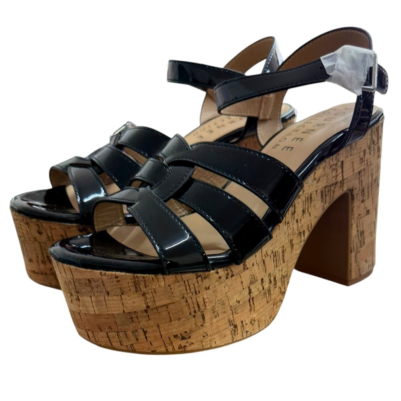 Journee Collection Black Patent Leather Platform Cork Heel Sandals Size 6 NWB