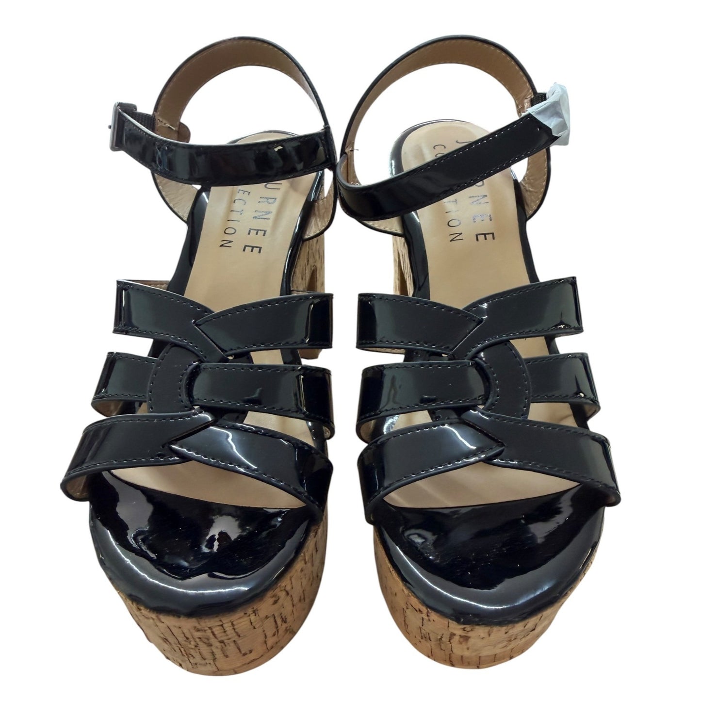 Journee Collection Black Patent Leather Platform Cork Heel Sandals Size 6 NWB