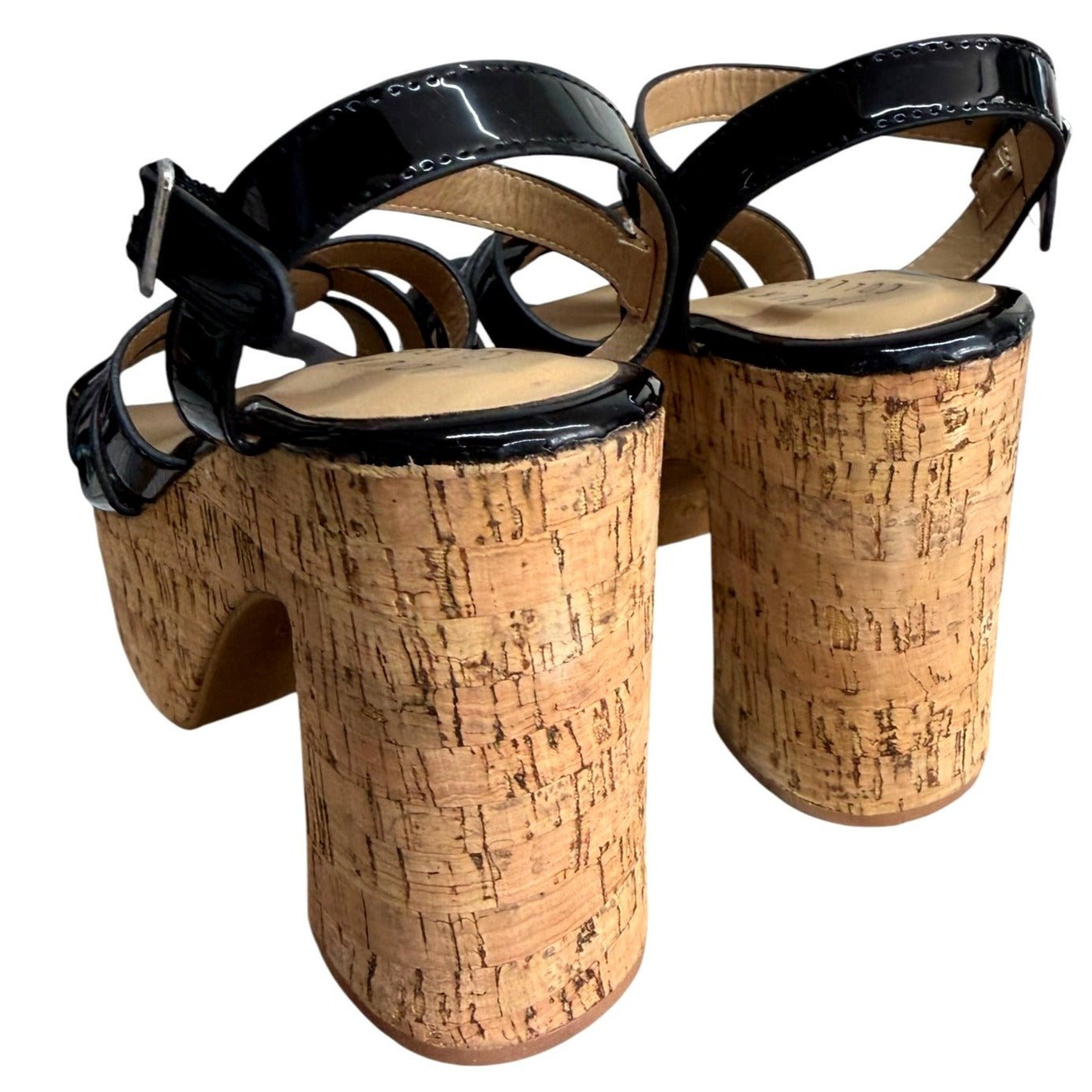 Journee Collection Black Patent Leather Platform Cork Heel Sandals Size 6 NWB