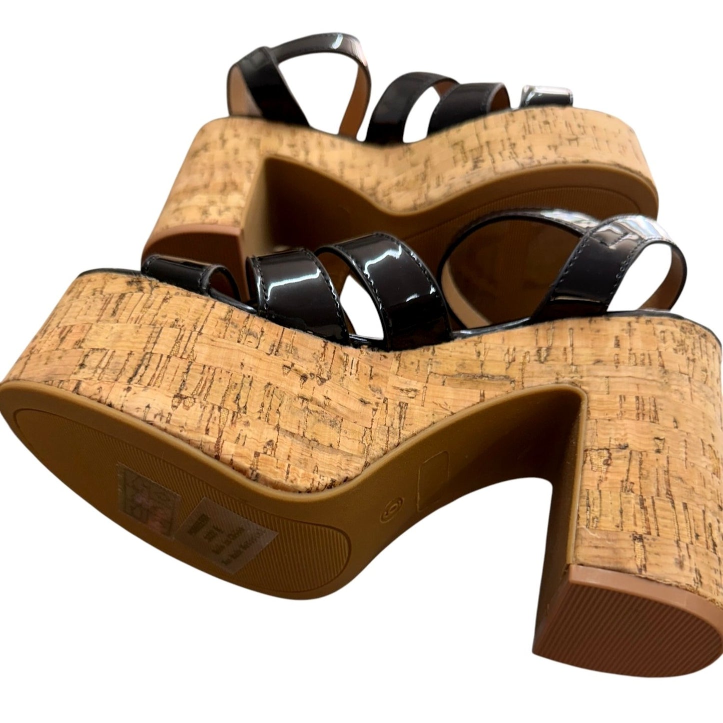 Journee Collection Black Patent Leather Platform Cork Heel Sandals Size 6 NWB