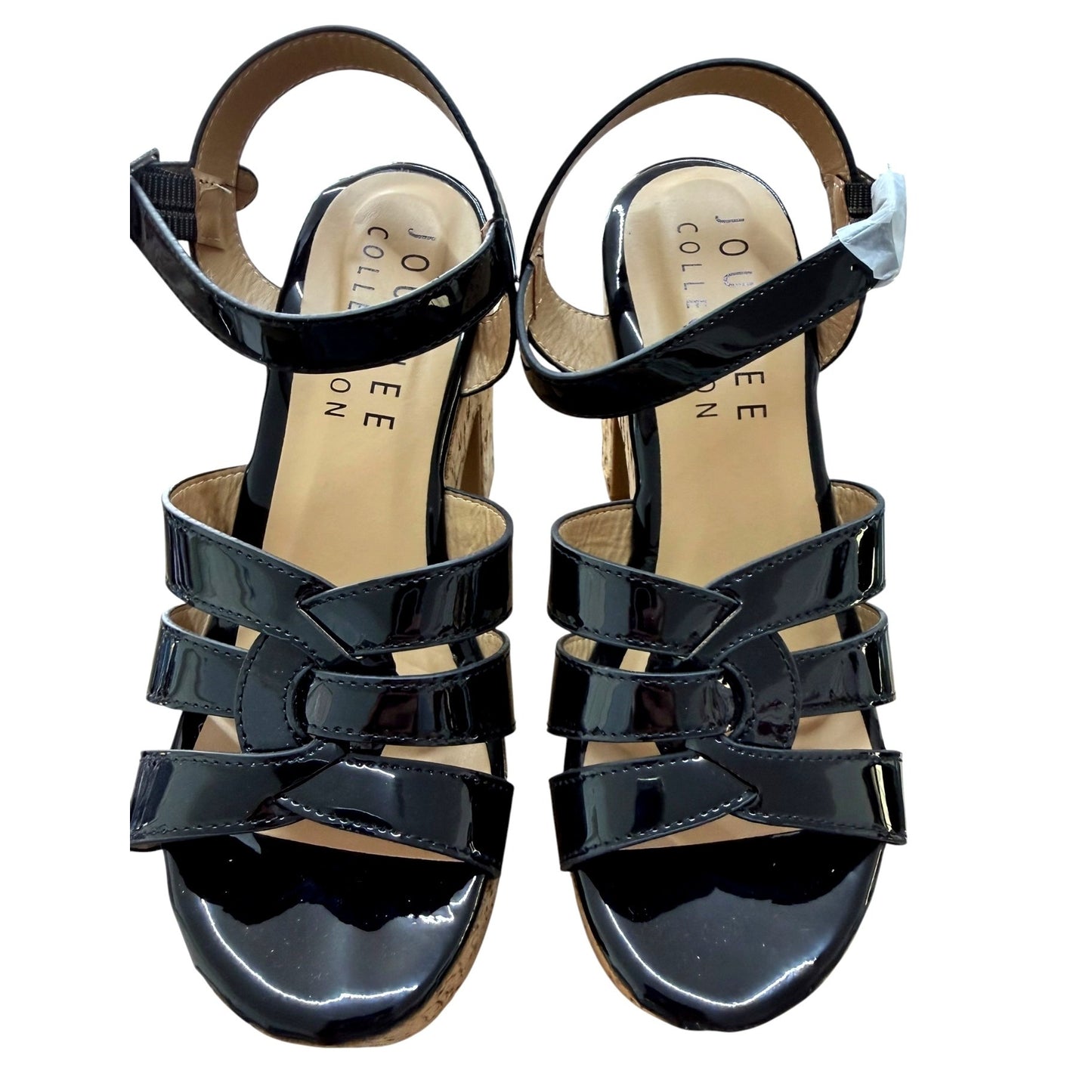 Journee Collection Black Patent Leather Platform Cork Heel Sandals Size 6 NWB