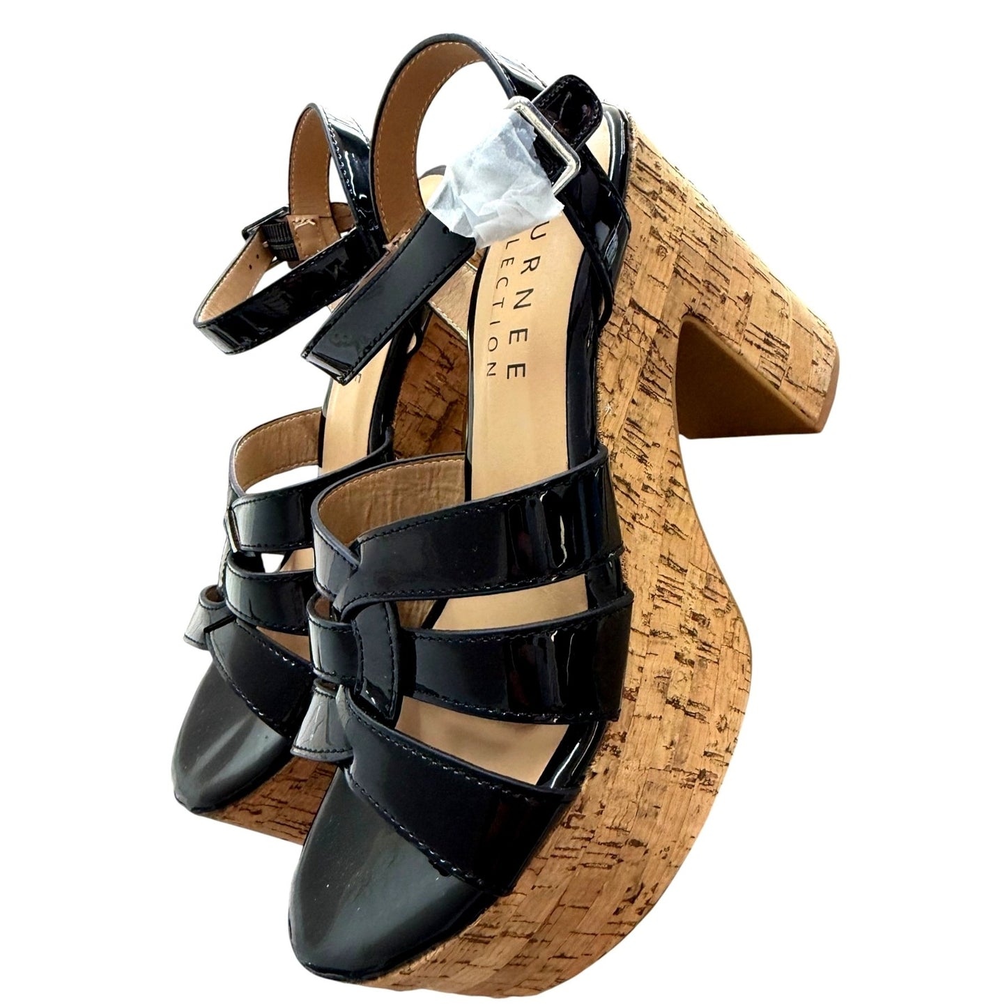 Journee Collection Black Patent Leather Platform Cork Heel Sandals Size 6 NWB