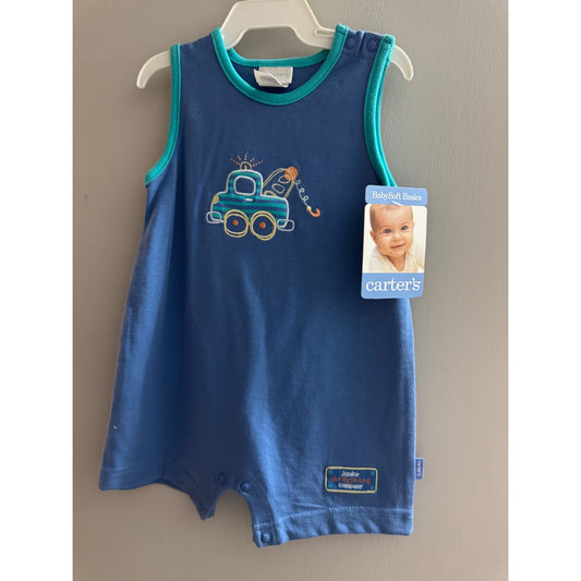 Carters BabySoft Basics Blue Romper With Truck Embroidery Size 3-6 Months Sleeveless Cotton Snap Closures New With Tags