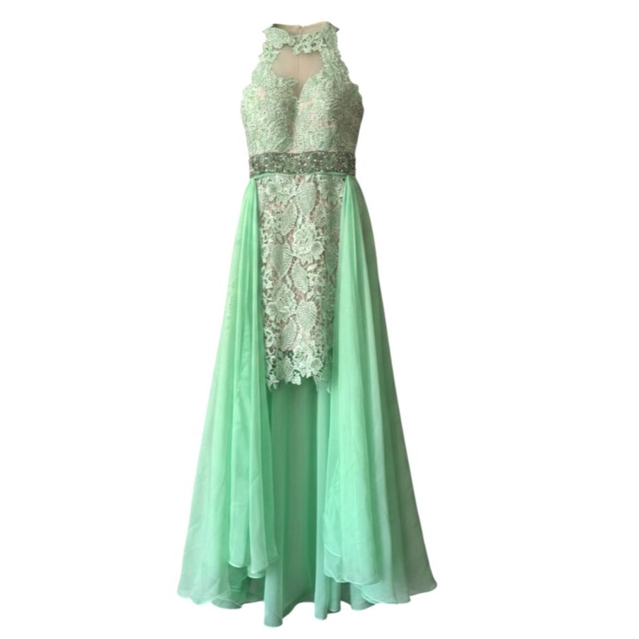 Sherri Hill Mint Green Lace & Chiffon High-Neck Gown With Beaded Waist And Sheer Back Size 6