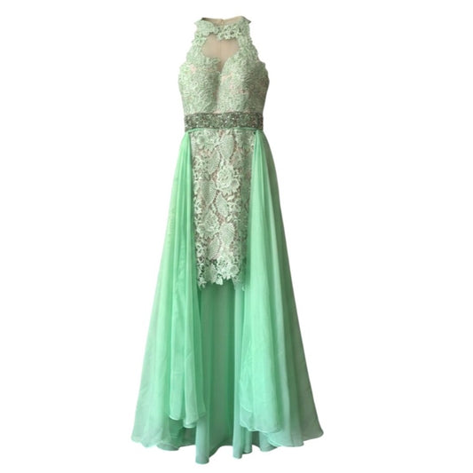 Sherri Hill Mint Green Lace & Chiffon High-Neck Gown With Beaded Waist And Sheer Back Size 6