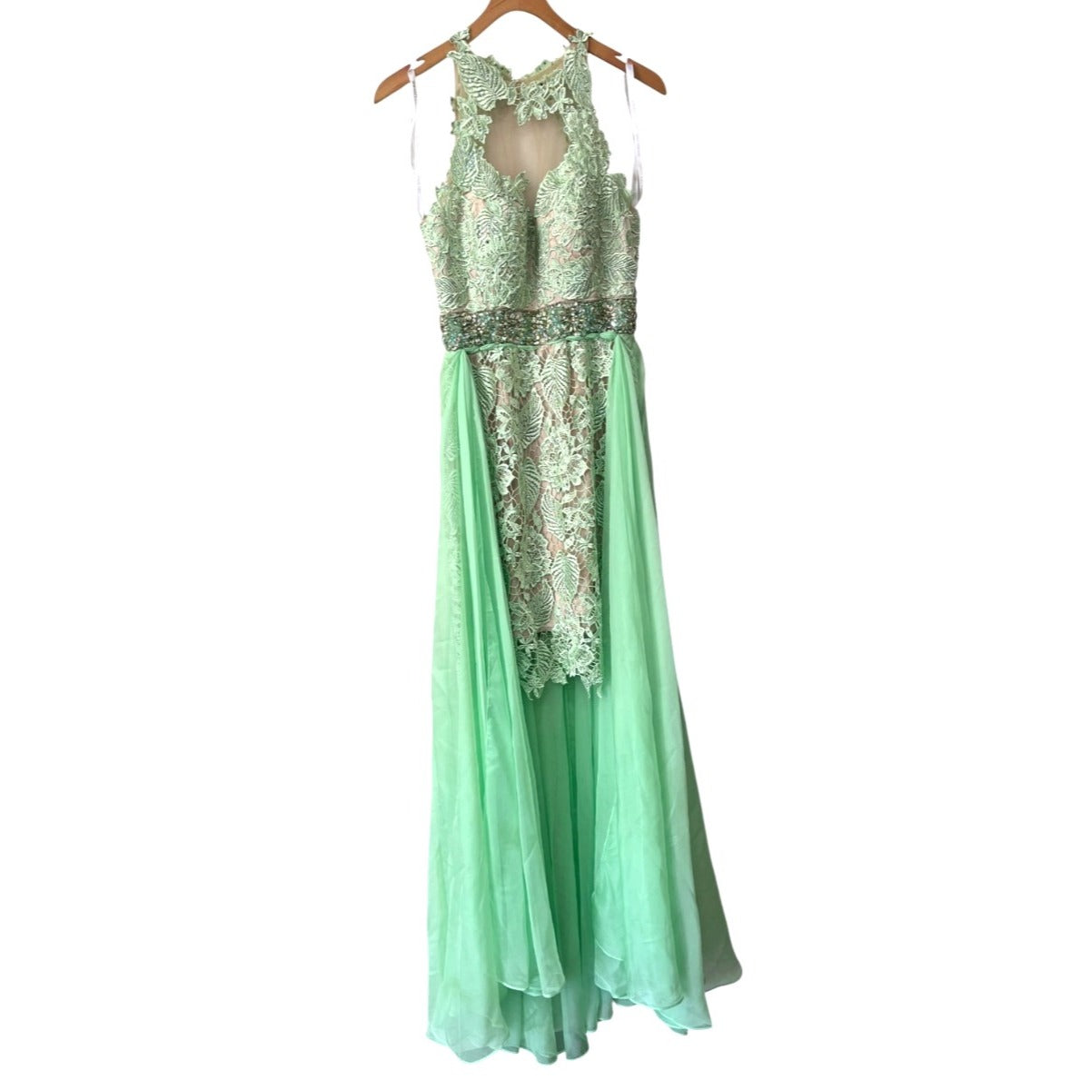Sherri Hill Mint Green Lace & Chiffon High-Neck Gown With Beaded Waist And Sheer Back Size 6