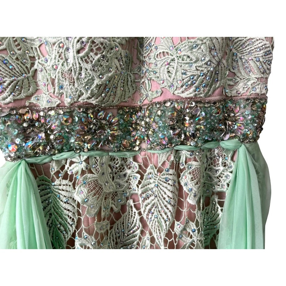 Sherri Hill Mint Green Lace & Chiffon High-Neck Gown With Beaded Waist And Sheer Back Size 6
