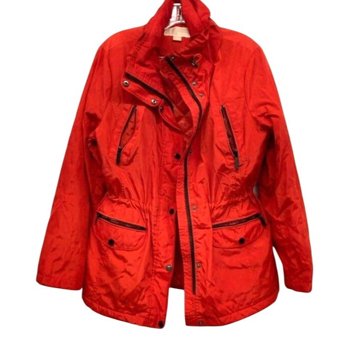 Michael Michael Kors Quilted Lined Orange Jacket With Multiple Zippered Pockets Adjustable Waist & Snap Buttons Size L