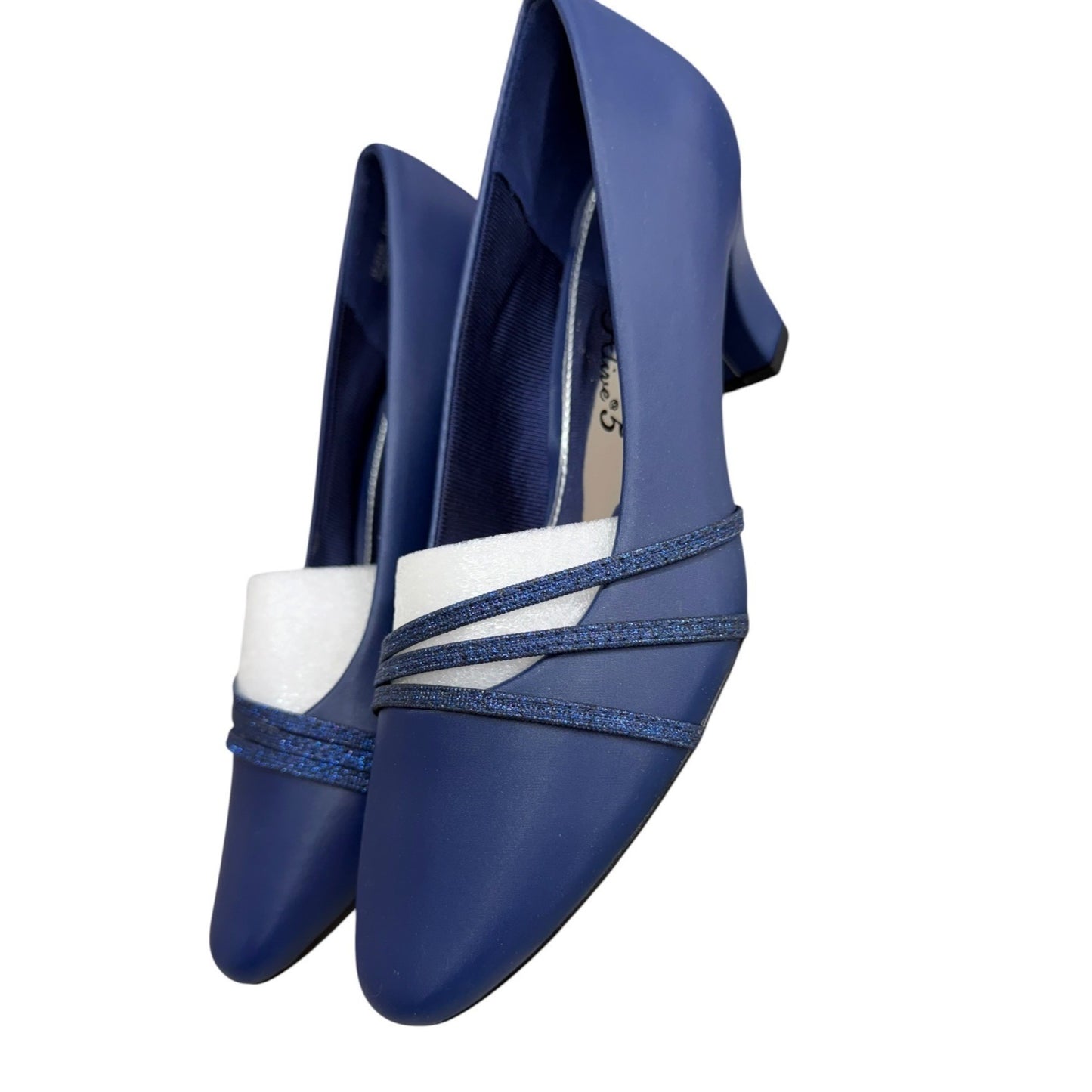 Easy Street Navy Blue Heels With Glitter Straps Size 6.5 Dance Flex Sole NWOB