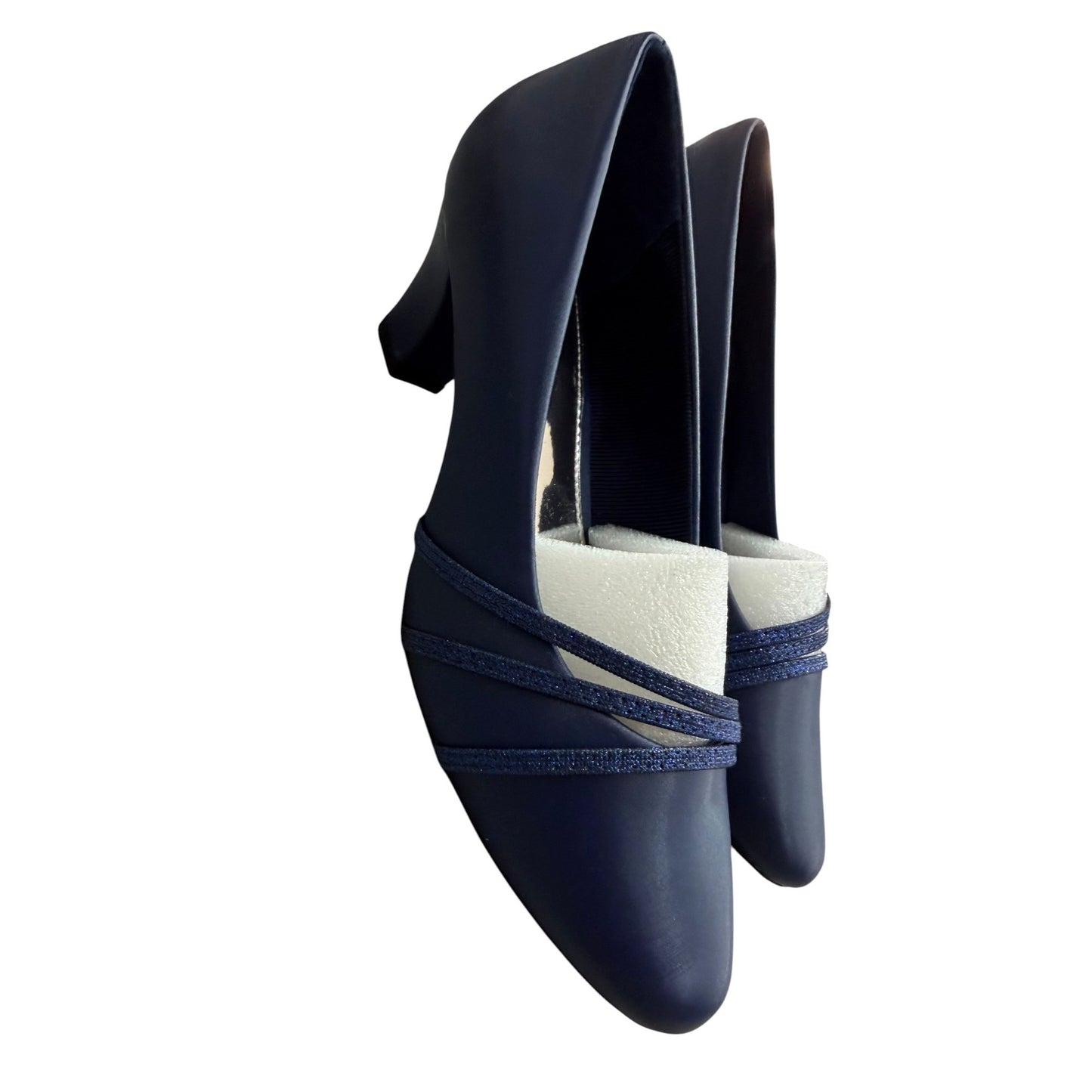 Easy Street Navy Blue Heels With Glitter Straps Size 6.5 Dance Flex Sole NWOB