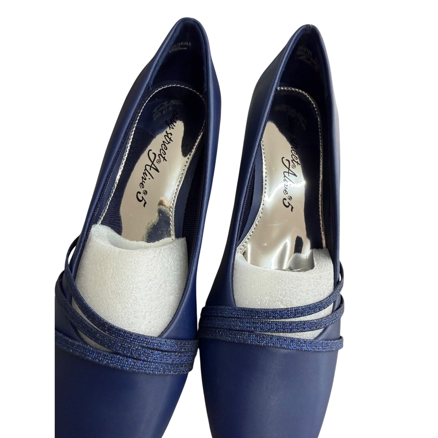 Easy Street Navy Blue Heels With Glitter Straps Size 6.5 Dance Flex Sole NWOB