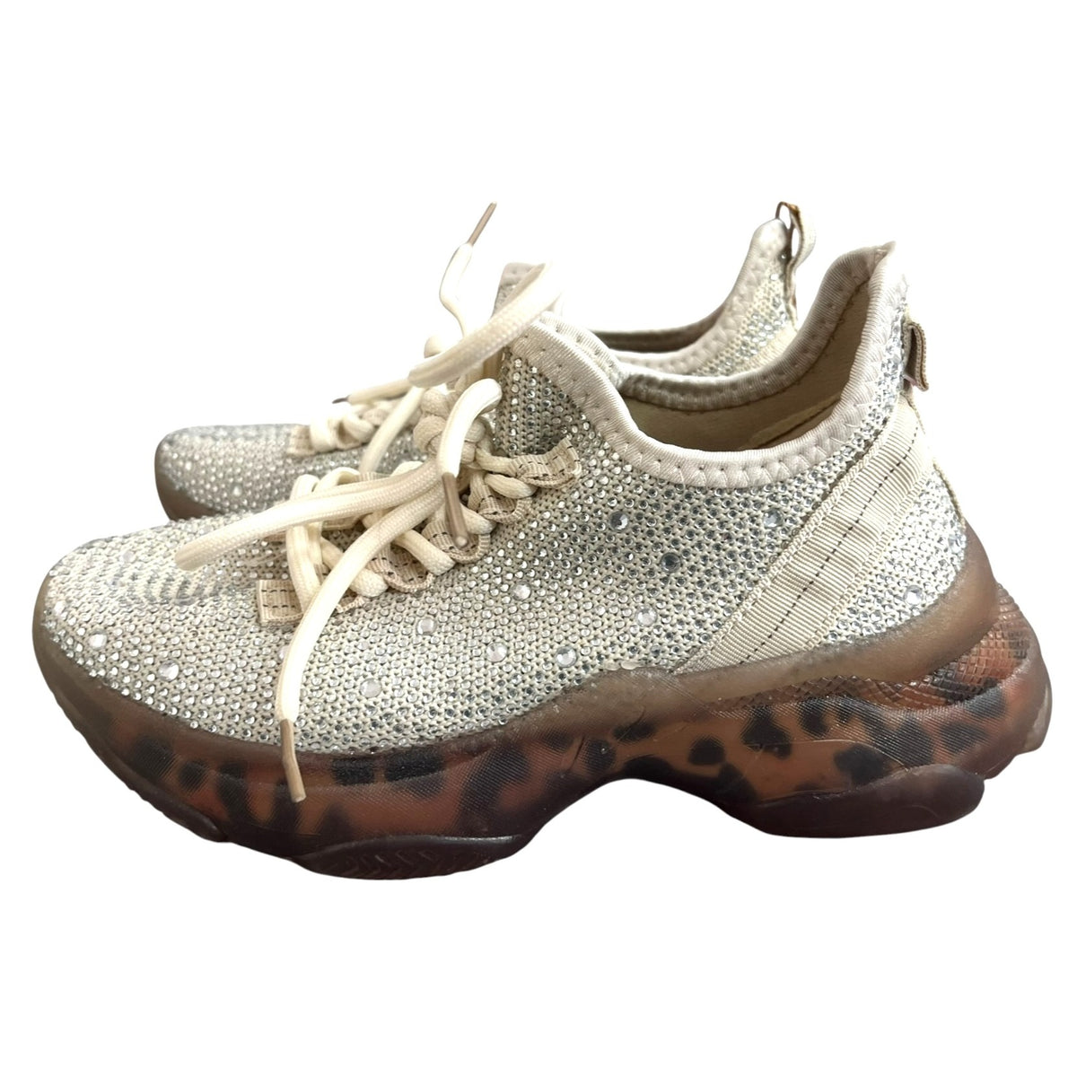 Very G Hella Cream Rhinestone Chunky Sneakers With Leopard Print Sole Size 6