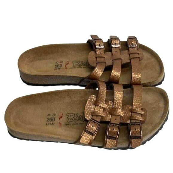 Birkis Brown Textured Leather Sandals With Adjustable Straps & Cork Footbed Womens L9 M7