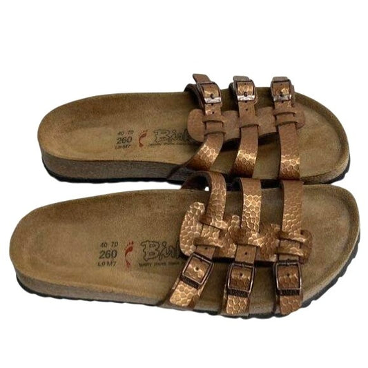 Birkis Brown Textured Leather Sandals With Adjustable Straps & Cork Footbed Womens L9 M7