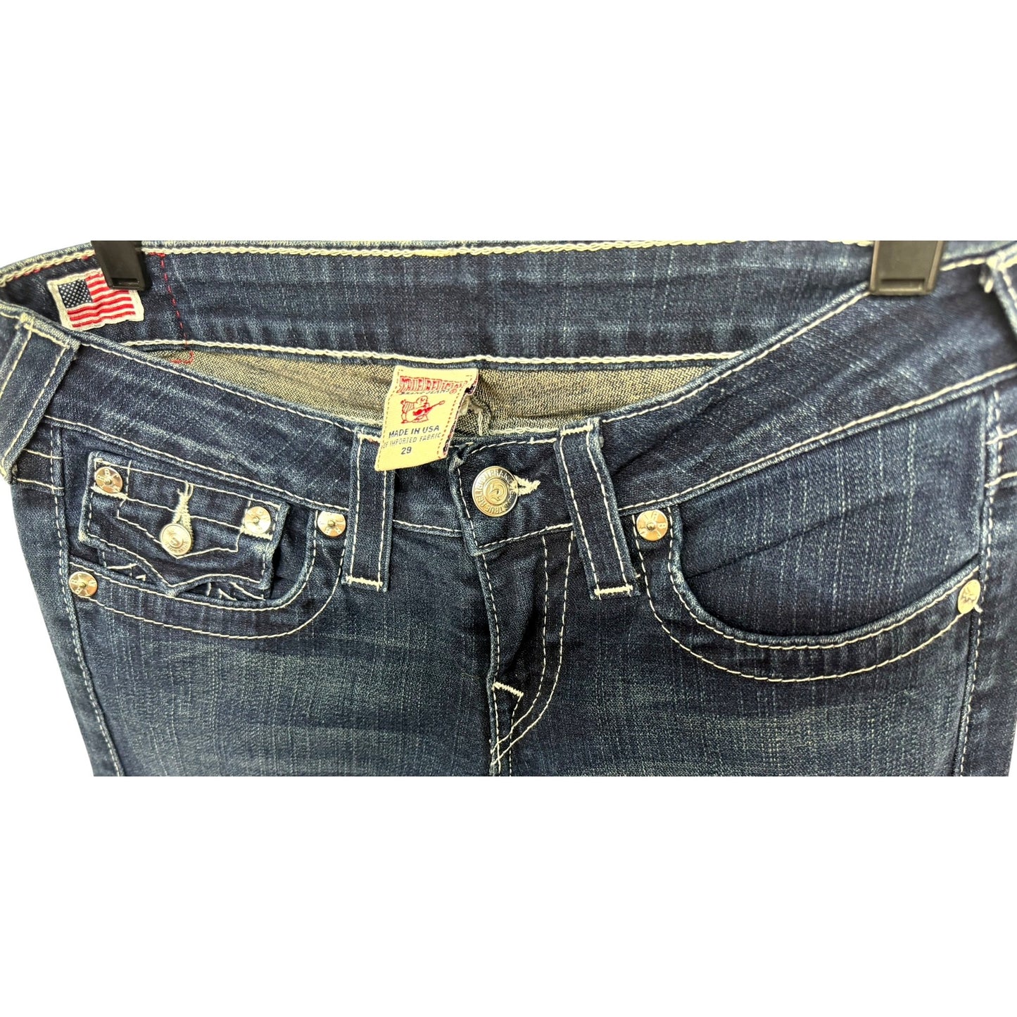 True Religion Women's Dark Wash Bootcut Billy Jeans W29 With White Stitching Details
