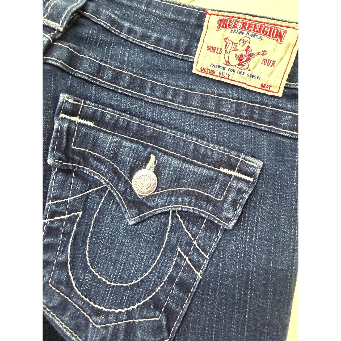 True Religion Women's Dark Wash Bootcut Billy Jeans W29 With White Stitching Details