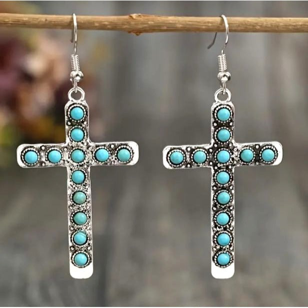 Turquoise & Silver Cross Dangle Earrings NEW