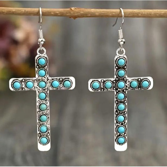 Turquoise & Silver Cross Dangle Earrings NEW