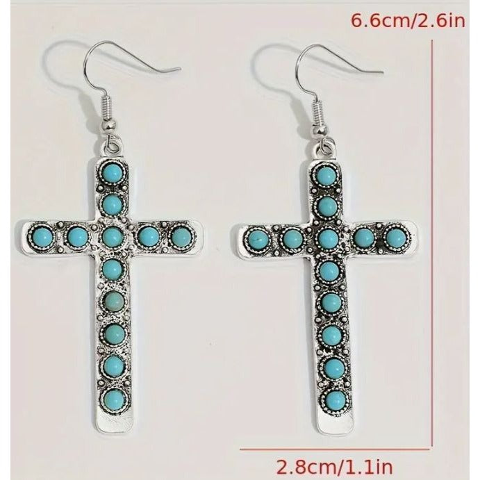 Turquoise & Silver Cross Dangle Earrings NEW