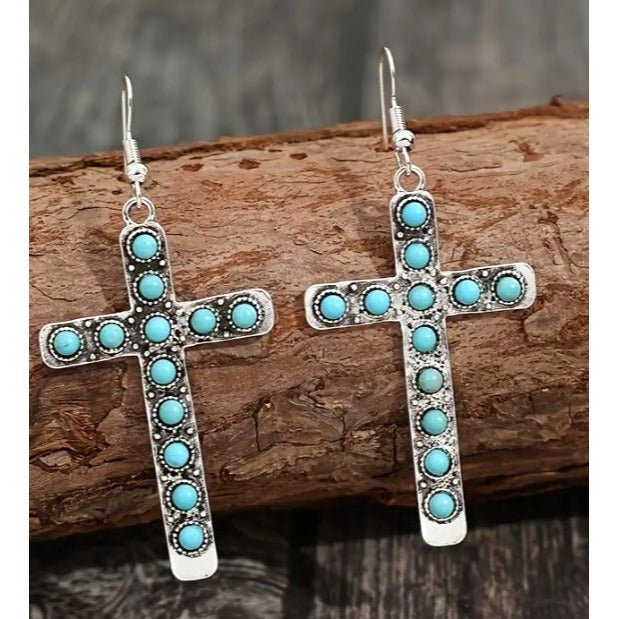 Turquoise & Silver Cross Dangle Earrings NEW