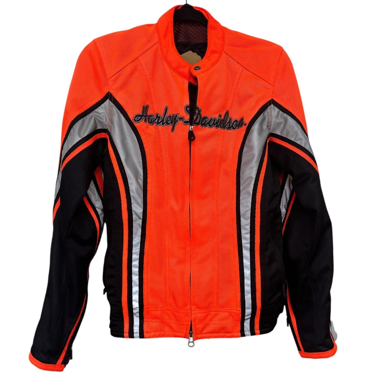 Harley-Davidson SZ L Women's Orange & Black Reflective Riding Jacket Embroidered Logo Adjustable Fit Breathable Mesh