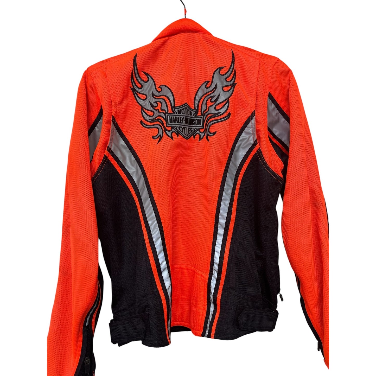 Harley-Davidson SZ L Women's Orange & Black Reflective Riding Jacket Embroidered Logo Adjustable Fit Breathable Mesh