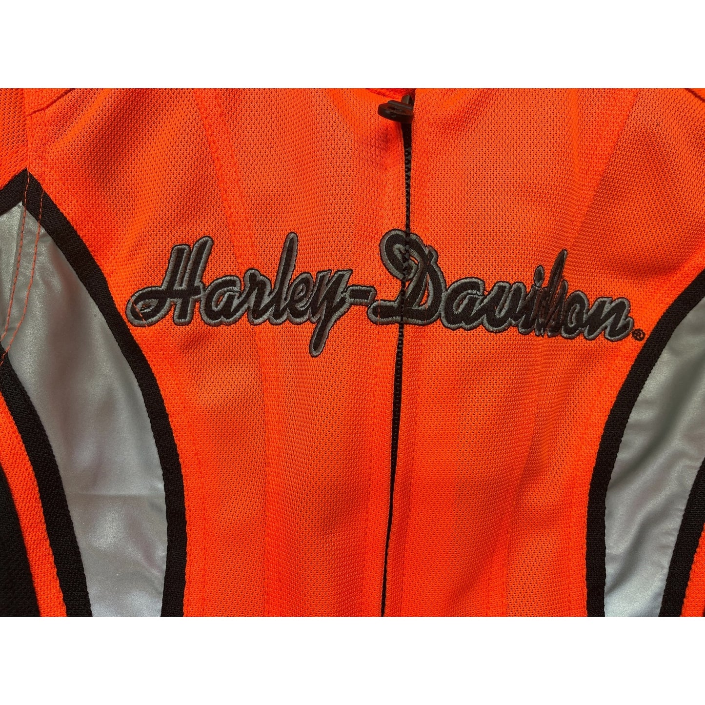 Harley-Davidson SZ L Women's Orange & Black Reflective Riding Jacket Embroidered Logo Adjustable Fit Breathable Mesh