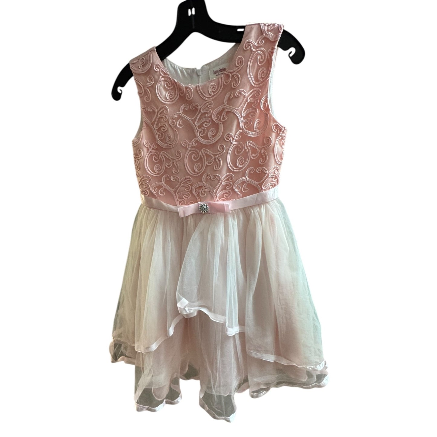 Sunny Fashion Girls Size 12 Formal Pink Layered Dress With Bow & Embroidered Bodice