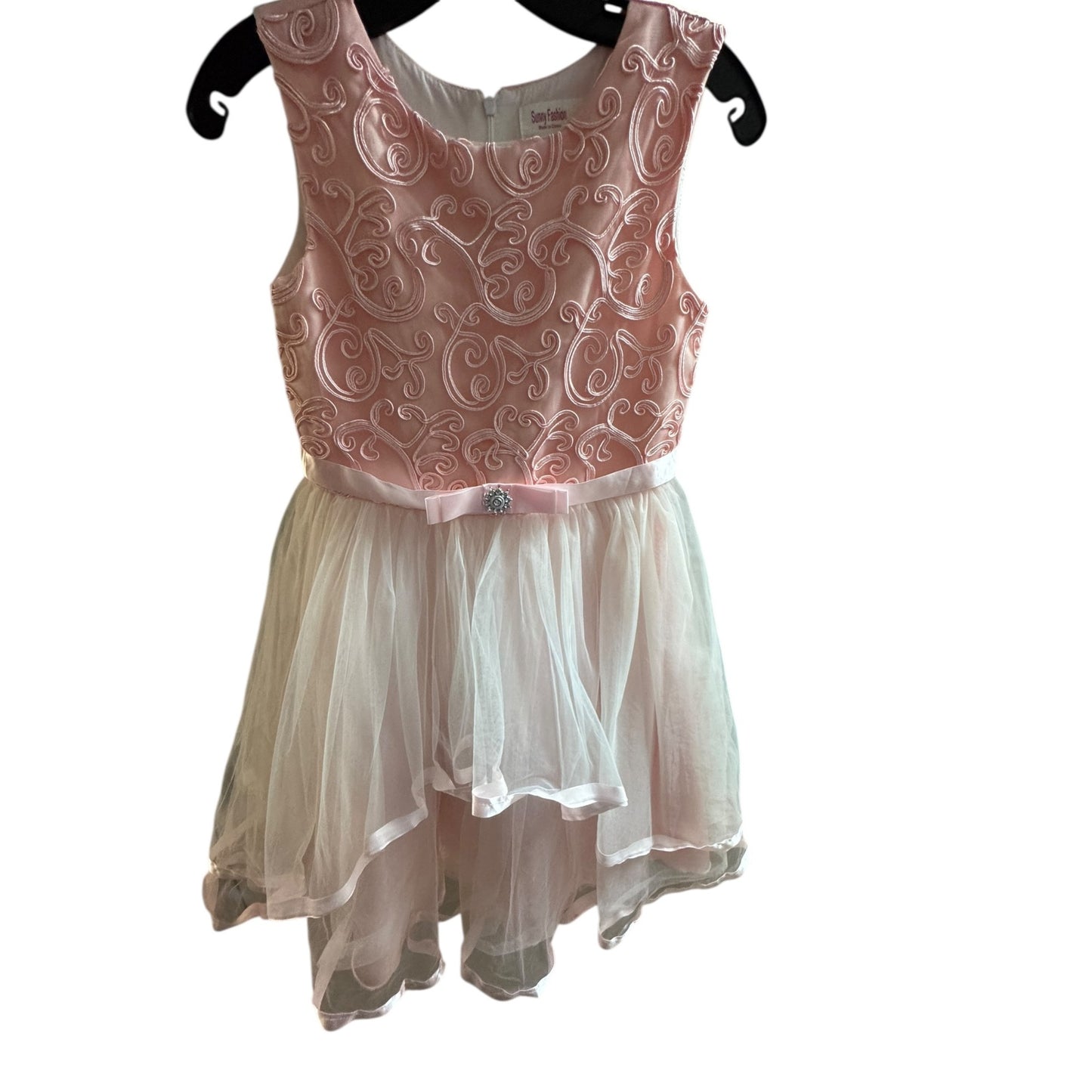 Sunny Fashion Girls Size 12 Formal Pink Layered Dress With Bow & Embroidered Bodice