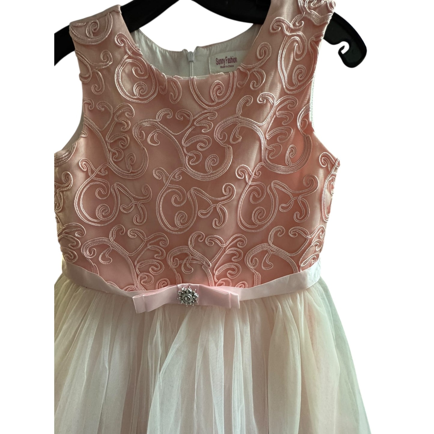 Sunny Fashion Girls Size 12 Formal Pink Layered Dress With Bow & Embroidered Bodice