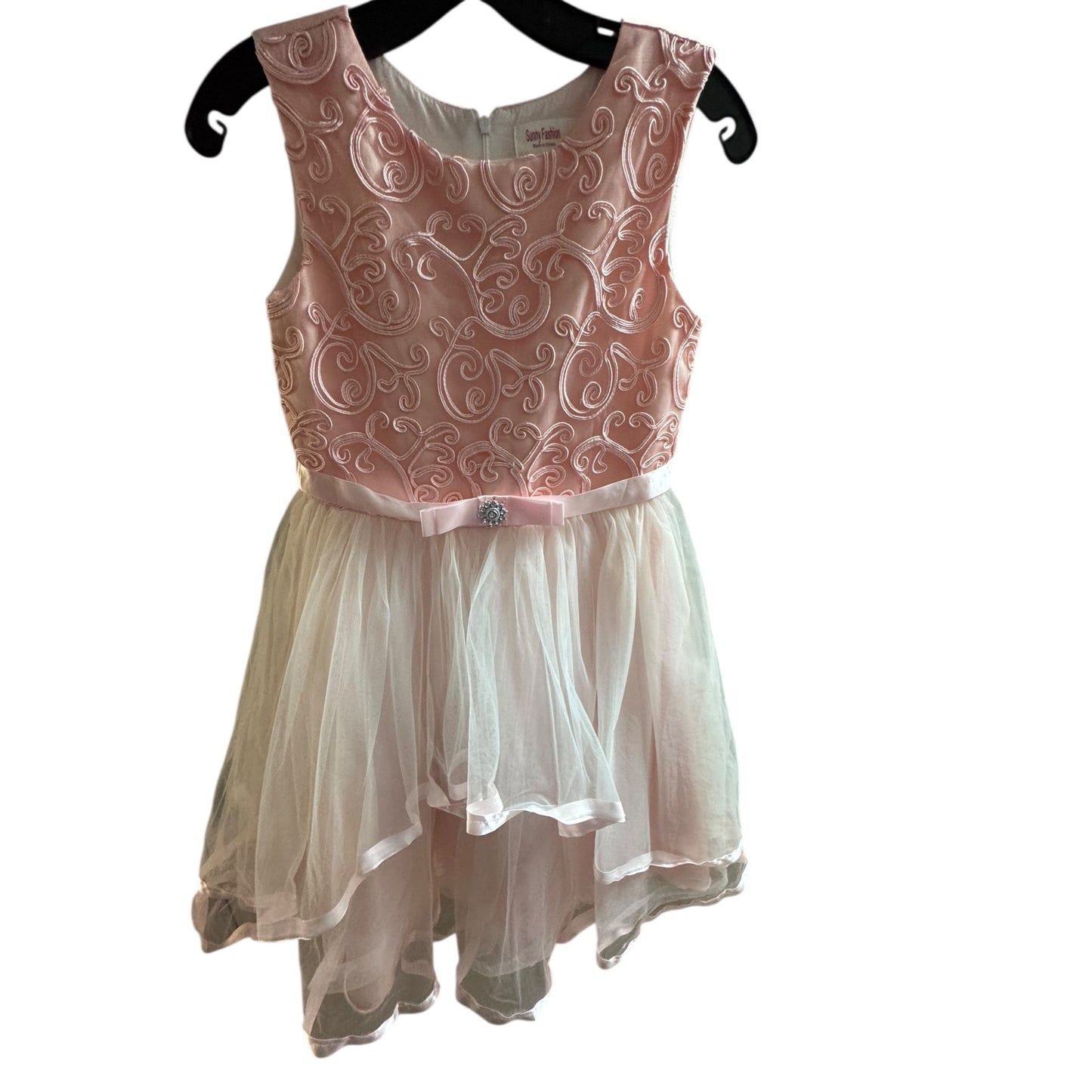 Sunny Fashion Girls Size 12 Formal Pink Layered Dress With Bow & Embroidered Bodice