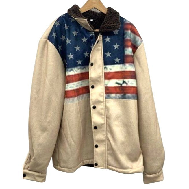 American Flag Patriotic Sherpa-Lined Jacket With Snap Front Size M