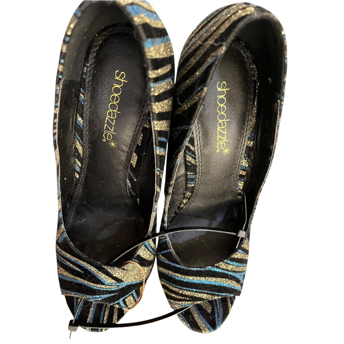 Shoedazzle Glitter Zebra Print Peep-Toe Wedge Heels Size 7