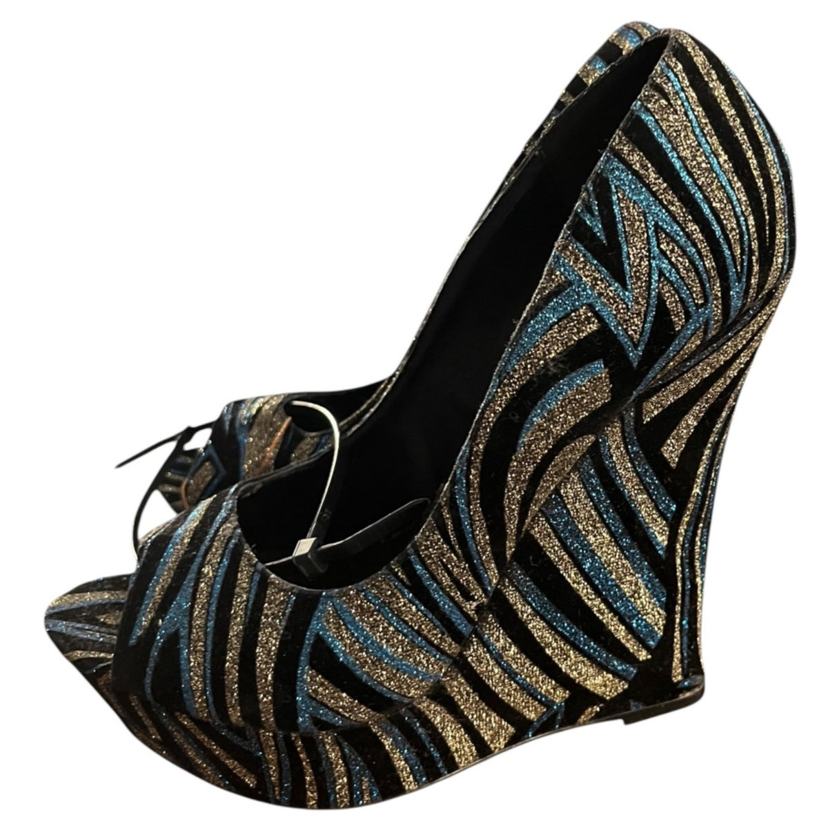 Shoedazzle Glitter Zebra Print Peep-Toe Wedge Heels Size 7