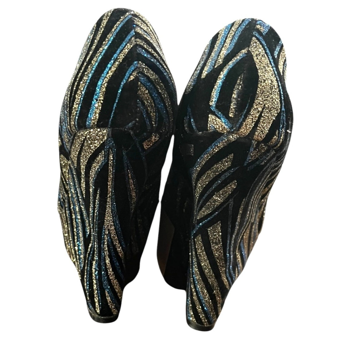 Shoedazzle Glitter Zebra Print Peep-Toe Wedge Heels Size 7