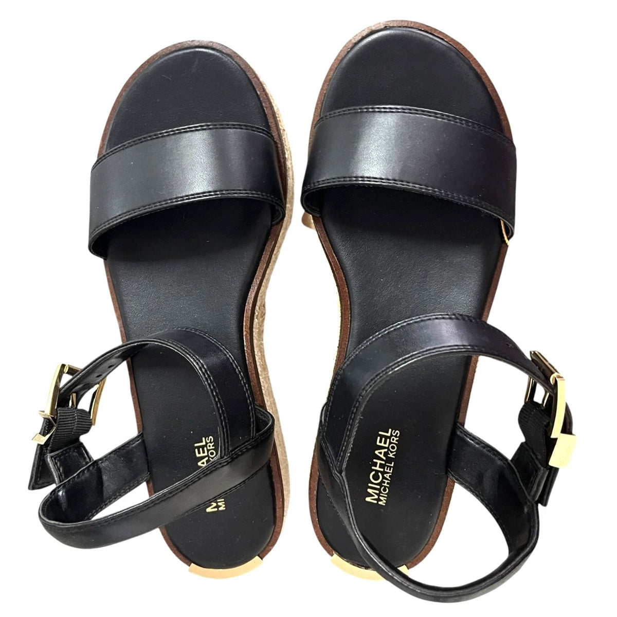 Michael Kors Richie Platform Espadrille Sandals Black Leather Size 7 NWOB