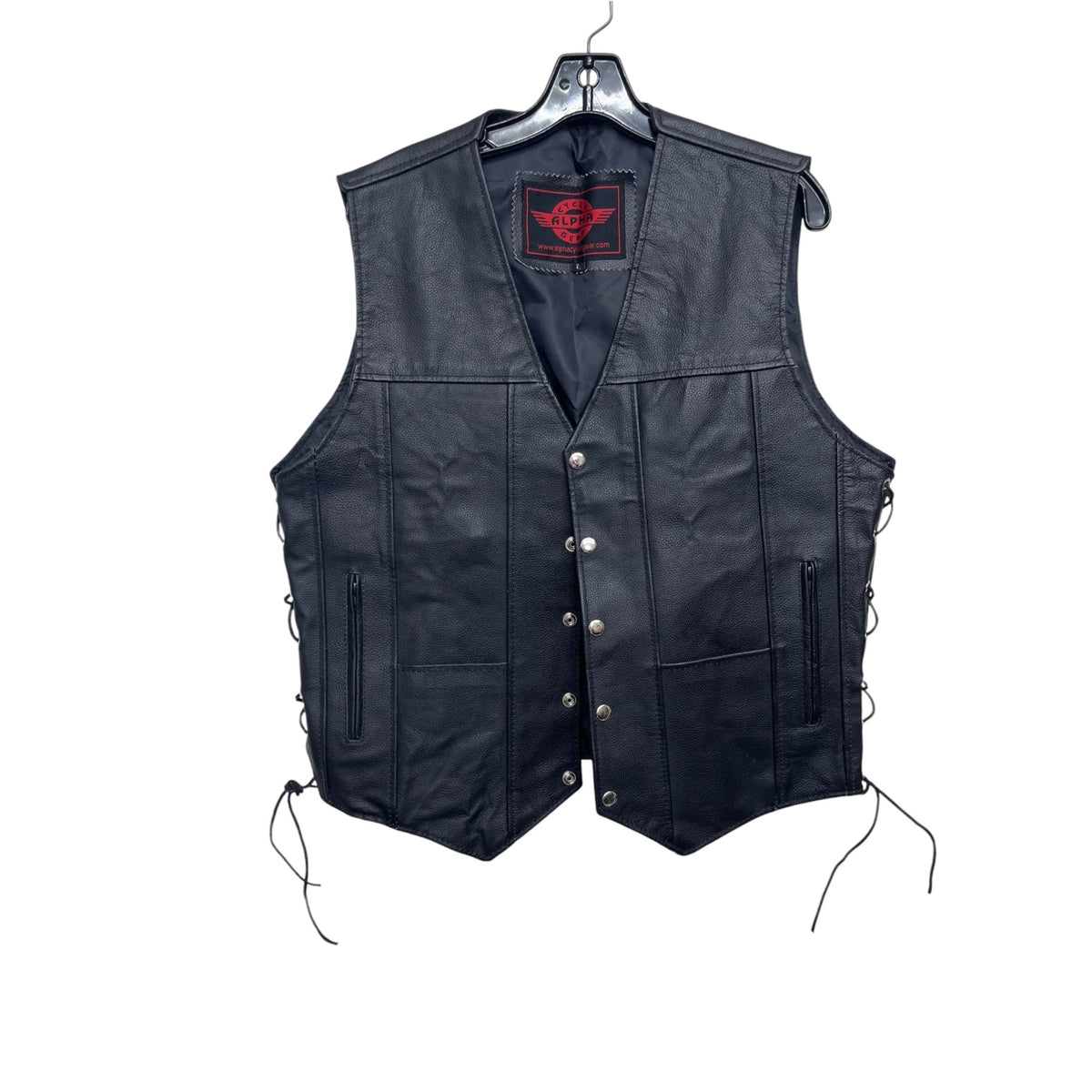 Alpha Cycle Gear Black Leather Motorcycle Vest Sz L