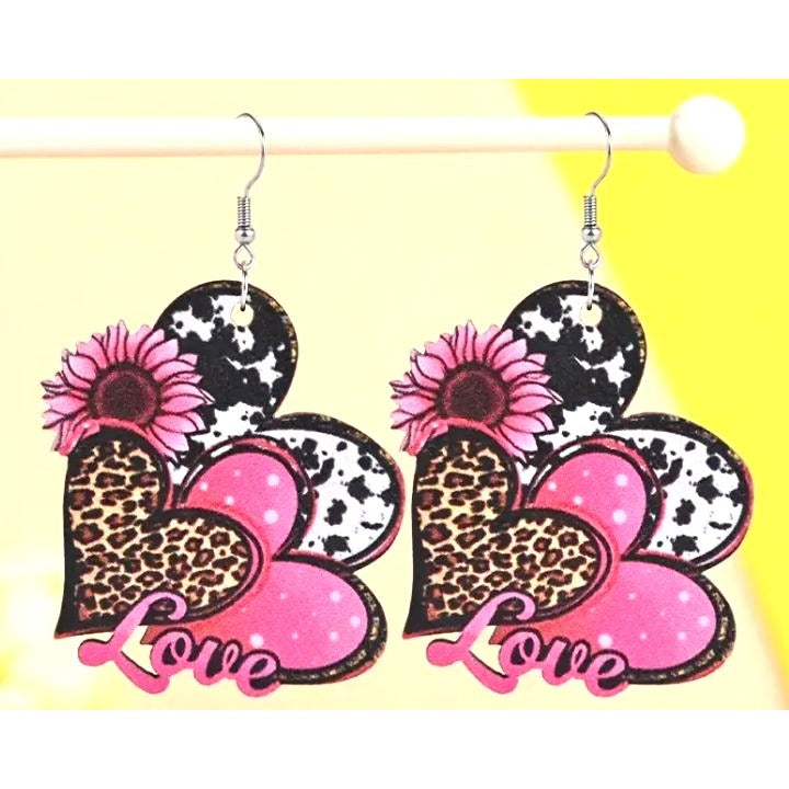 Heart-Shaped Dangle Earrings With Pink Leopard & Cow Prints Featuring "Love" Text & Sunflower Accents